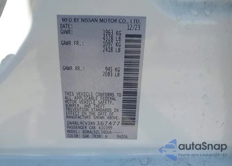 2024 Nissan Altima Sr Fwd from USA, damaged, VIN 1N4BL4CV3RN367477